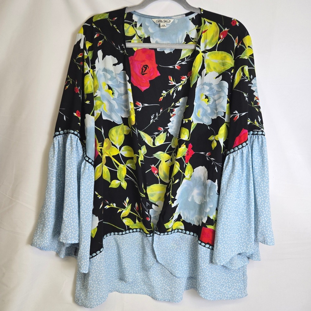 Pioneer Woman Woven Flounce Sleeve Kimono Open Front Floral Black Blue S/M